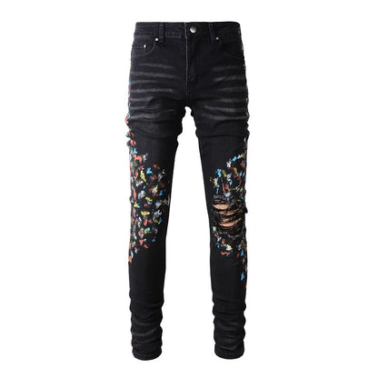 Pantalon décontracté en denim de rue en coton micro-élastique pour jeunes, jean skinny noir avec éclaboussures de peinture #865 