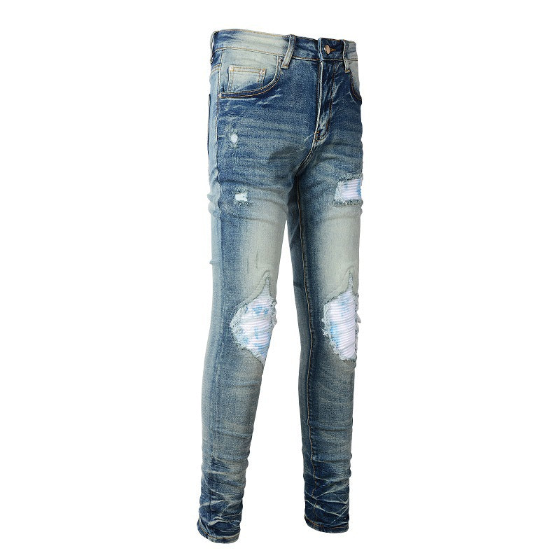 Jean slim extensible rétro pour homme de marque High Street Trendy Ripped Color Patch Jeans 