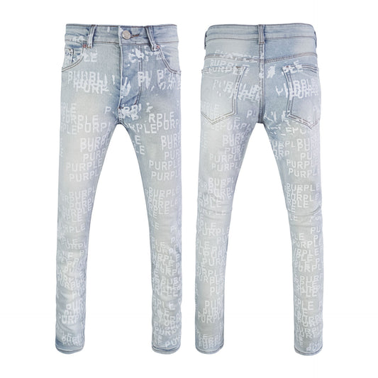 Men's Light Blue Slim-Fit Jeans - White Letter Print | Streetwear Denim