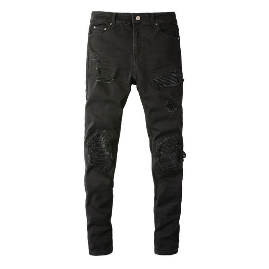 Men's Slim Fit Black Jeans with Large Knee Rips and Patchwork Design