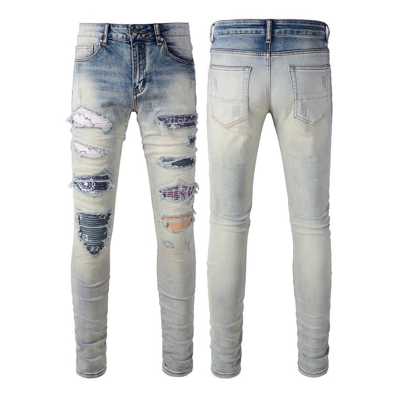 Jeans tendance High Street pour hommes, patch déchiré, coupe au genou, #1333 