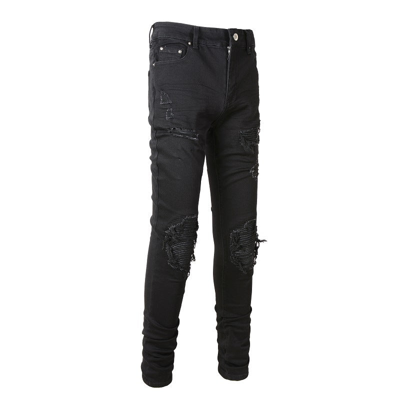 Jean slim noir pour homme avec détails froissés, patchs et design déchiré 