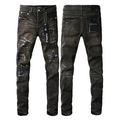 Pantalon en denim noir chic et vieilli 9080 combinant déchirures et patchs pour un style moderne 