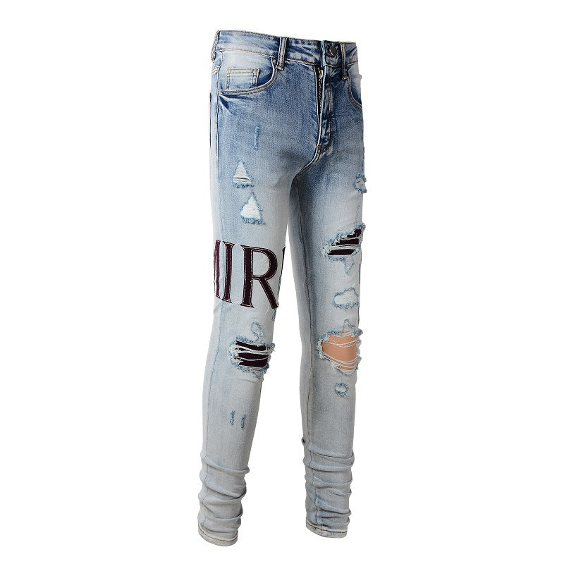 Jeans brodés avec lettres Street Tide européens et américains Jeans Slim Fit pour hommes High Street Tide #1301 