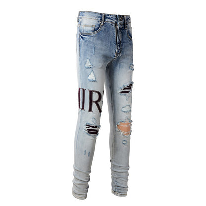 European and American Street Tide Letter Embroidered Jeans High Street Tide Men Slim-fitting Small Feet Jeans #1301