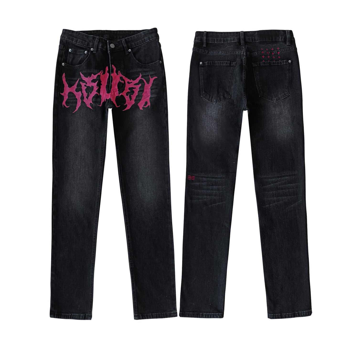 Black Slim Fit Denim Jeans Men Bold Red Flame Graphic Print Distressed Streetwear Pants