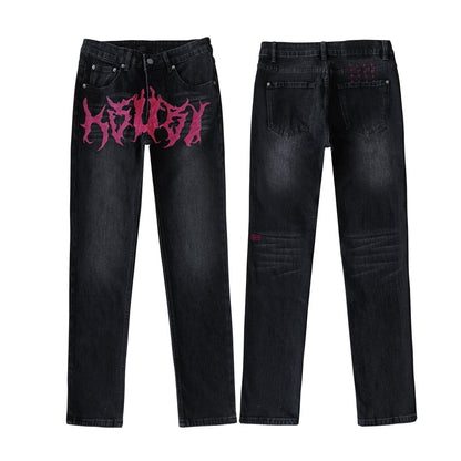 Black Slim Fit Denim Jeans Men Bold Red Flame Graphic Print Distressed Streetwear Pants
