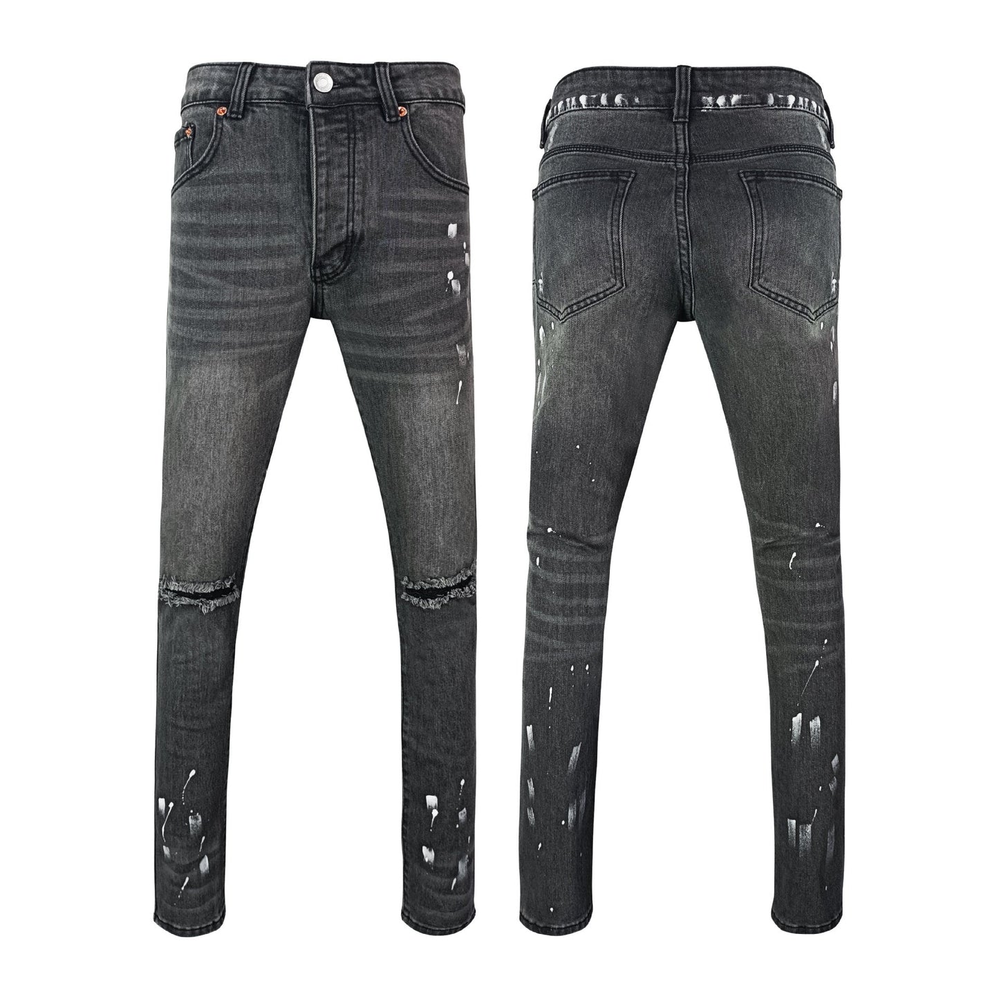 Men's High Street Faded Black Skinny Jeans with White Paint Splatter & Knee Rips