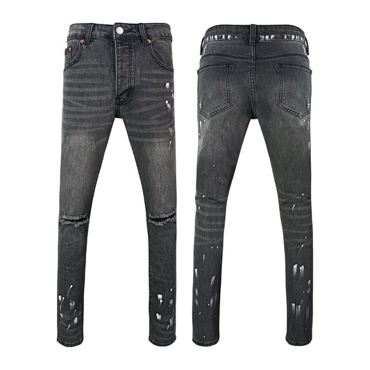 Men's High Street Faded Black Skinny Jeans with White Paint Splatter & Knee Rips