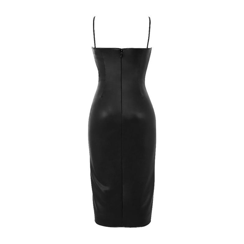 Vestido ajustado sexy de piel sintética fruncida con tirantes para discotecas y fiestas 