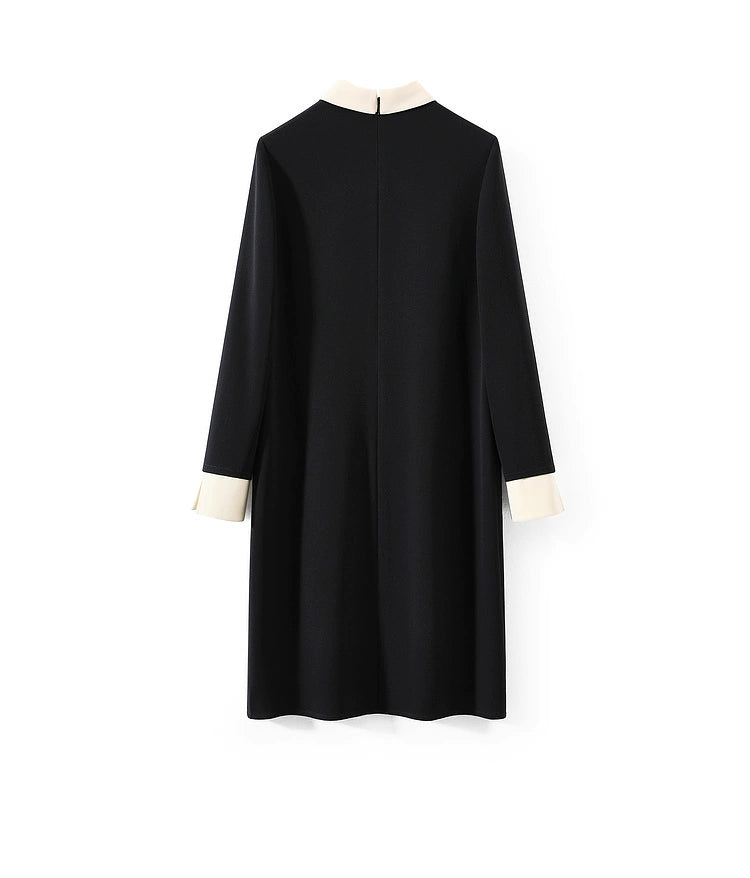 Little Black Dress Series 2024 Commuter Youthful Color-Block Acetate Long Sleeve Dress