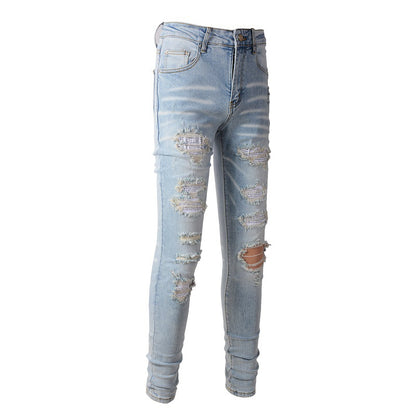 Pantalon décontracté en denim High Street pour le commerce extérieur Jean skinny déchiré bleu en coton micro-élastique pour jeunes 