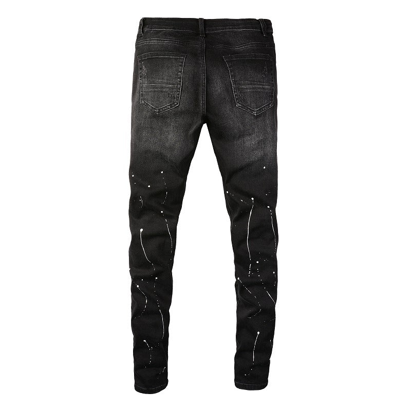 8616 Jeans transfronterizos de marca de moda con parches rotos y pintura para hombre, jeans ajustados de calle alta 