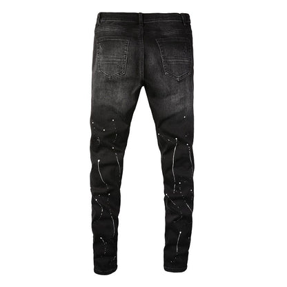 8616 Jeans transfrontaliers Jeans pour hommes avec patch déchiré et peinture de marque tendance Slim High Street 