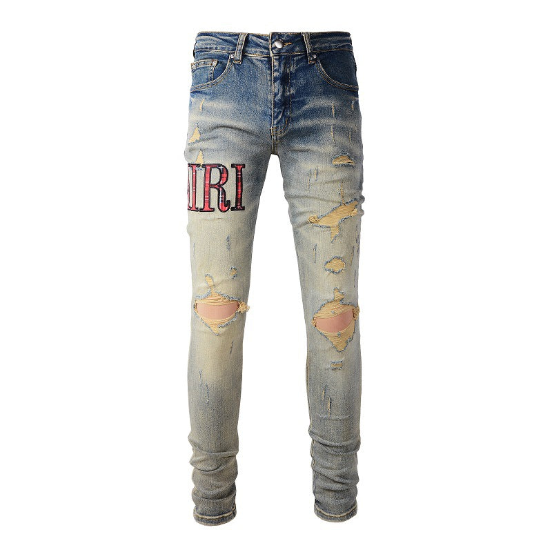 Jeans slim élastiques bleus brodés de lettres de marque tendance européenne et américaine #888 