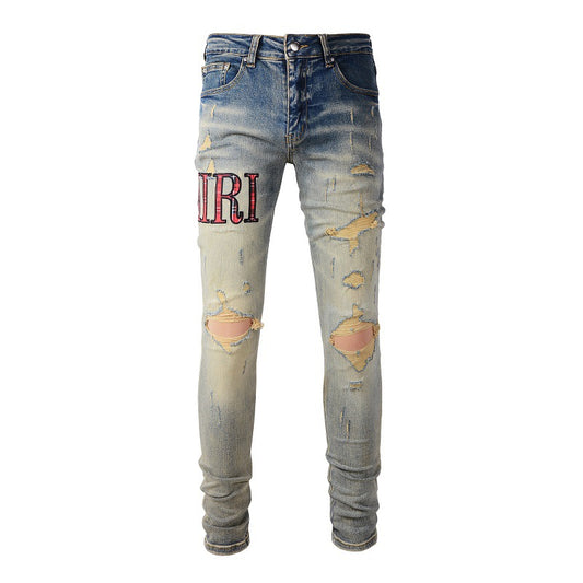 European and American Street Trendy Brand Letter Embroidered Jeans Blue Elastic Slim-fit Jeans #888