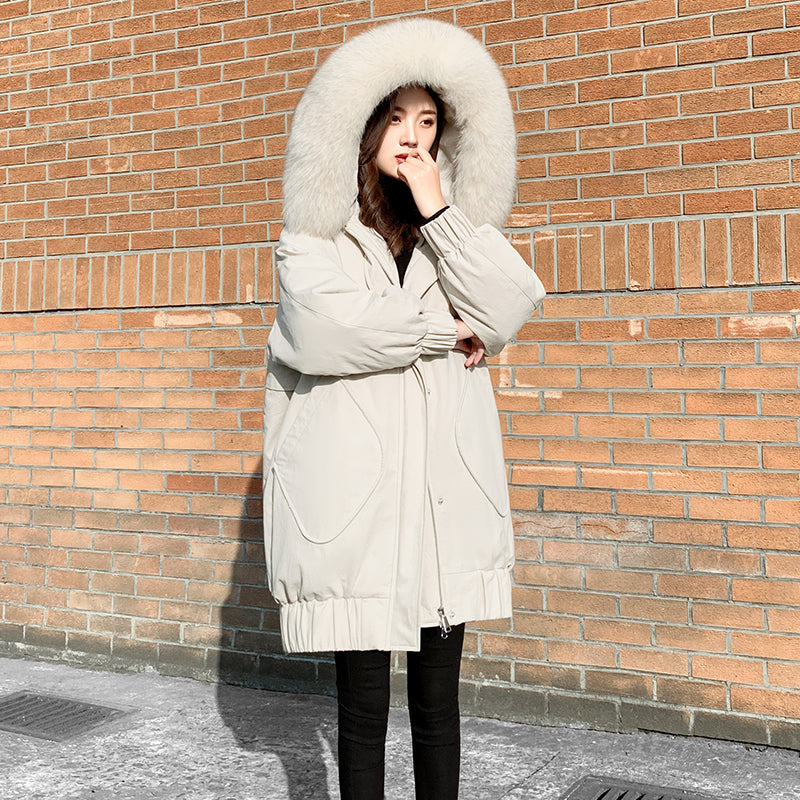 Chaqueta de plumón de pato blanco para mujer, de invierno, de longitud media, holgada y gruesa