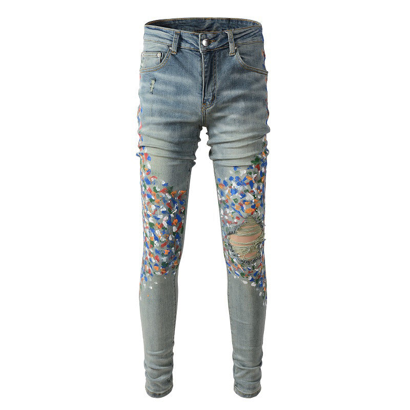 Pantalones casuales de mezclilla de calle de algodón microelástico para jóvenes, jeans ajustados con salpicaduras de pintura azul n.° 868 