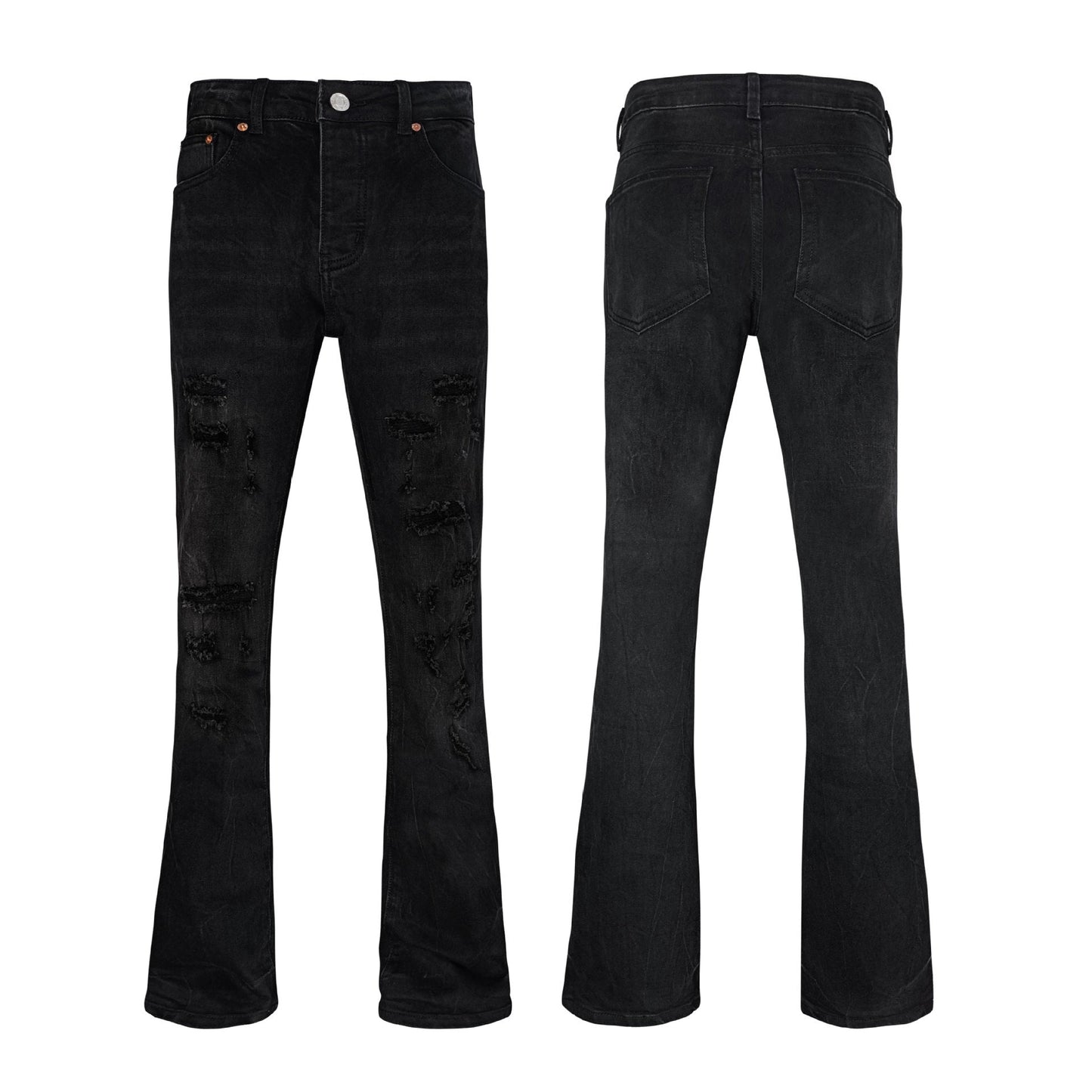 Black Heavy Distressed Flare Jeans with Multi Rips High Waisted Ripped Bell Bottom Denim