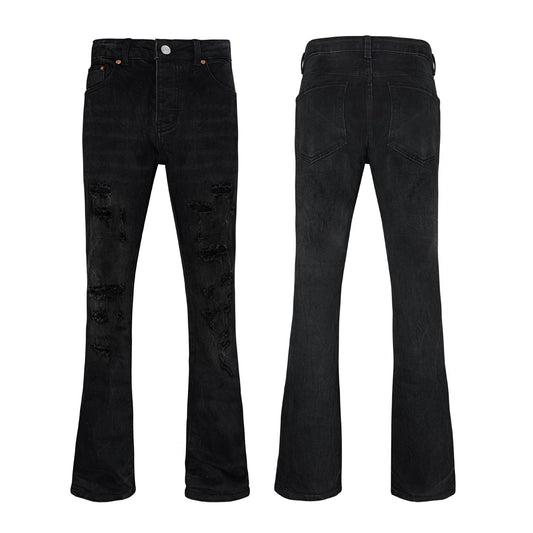 Black Heavy Distressed Flare Jeans with Multi Rips High Waisted Ripped Bell Bottom Denim