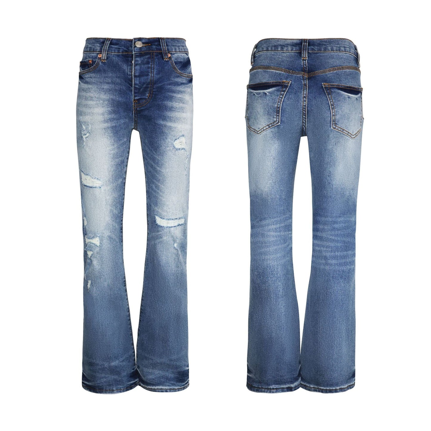 Men's High Street Bootcut Jeans - Distressed Denim with Knee Rips & Slim Fit Profile