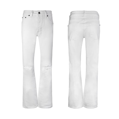 Men's Slim Flared White Jeans - Elegant Distressed Design & Bootcut Silhouette