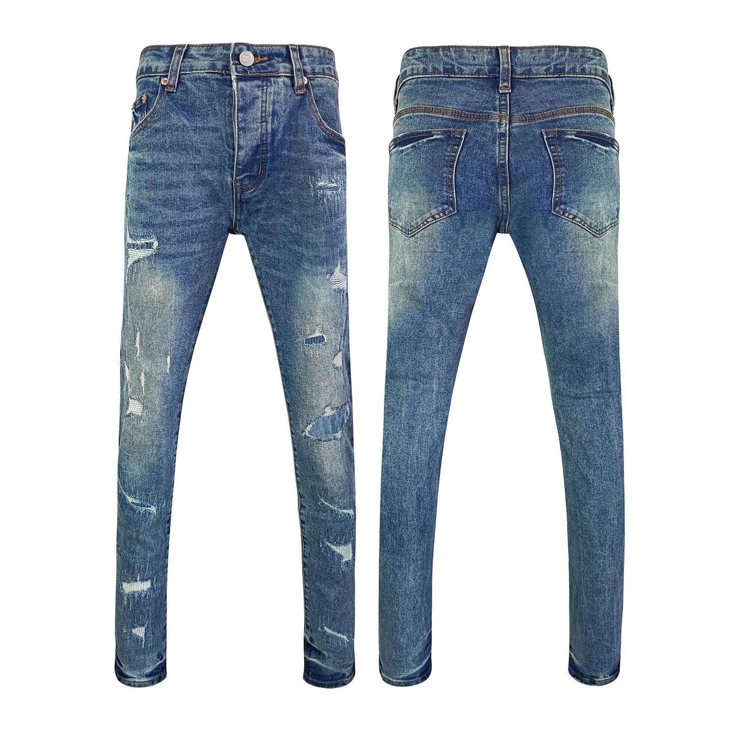 Men's High Street Blue Slim Jeans - Heavily Distressed Denim with Multiple Knee Rips