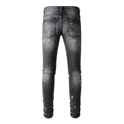 Trendy Brand Jeans Graffiti Splashing Ink Pattern Ripped Jeans Elastic Slim Denim #1303