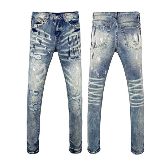 Men's Heavy Washed Slim Jeans - Distressed Denim with Black Graffiti Strokes & Bold Whiskers