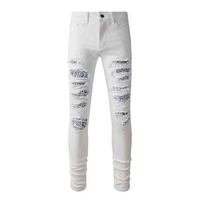 Pantalon décontracté en denim blanc coupe slim élastique déchiré High Street #843 