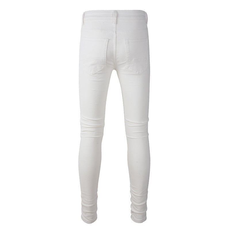 Jean slim à la mode pour homme High Street, pantalon de marque tendance avec patch déchiré, jean décontracté blanc 592 