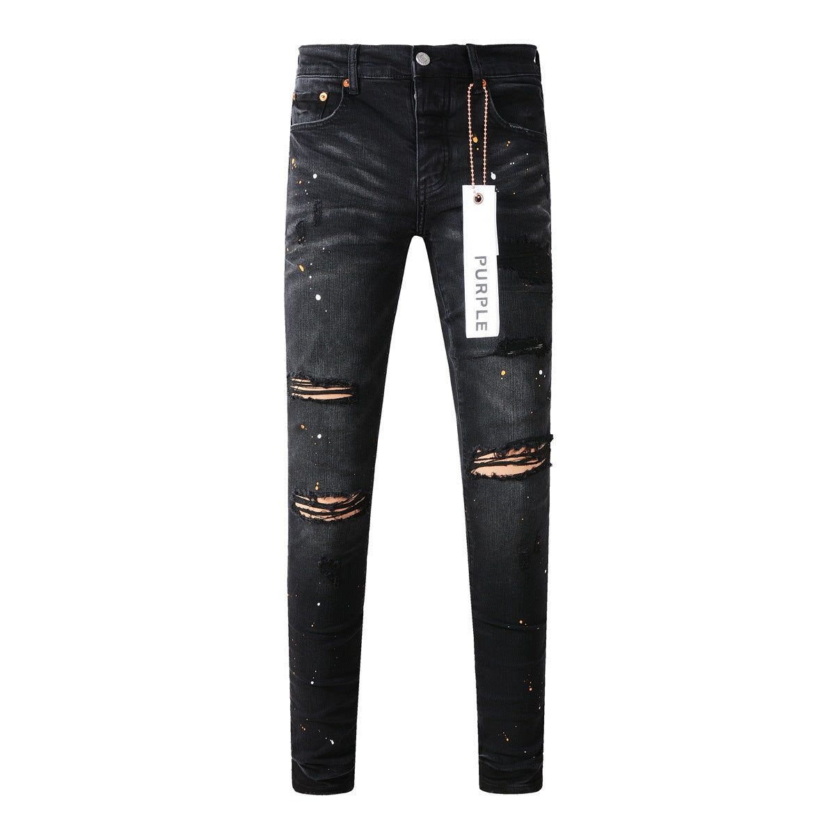 Mens Jeans - Distressed Black Denim with Knee Slit and Ripped Hole 9045