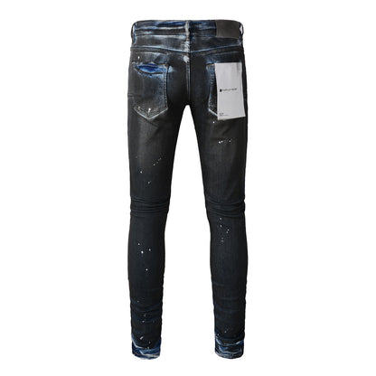 Mens Purple Skinny Jeans with Ripped Detail - Fashionable Denim Biker Pants with Patches and Printed Design