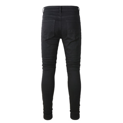 Pantalon noir High Street Jeans froissés Stretch Slim Fit Small Foot Jeans pour hommes 