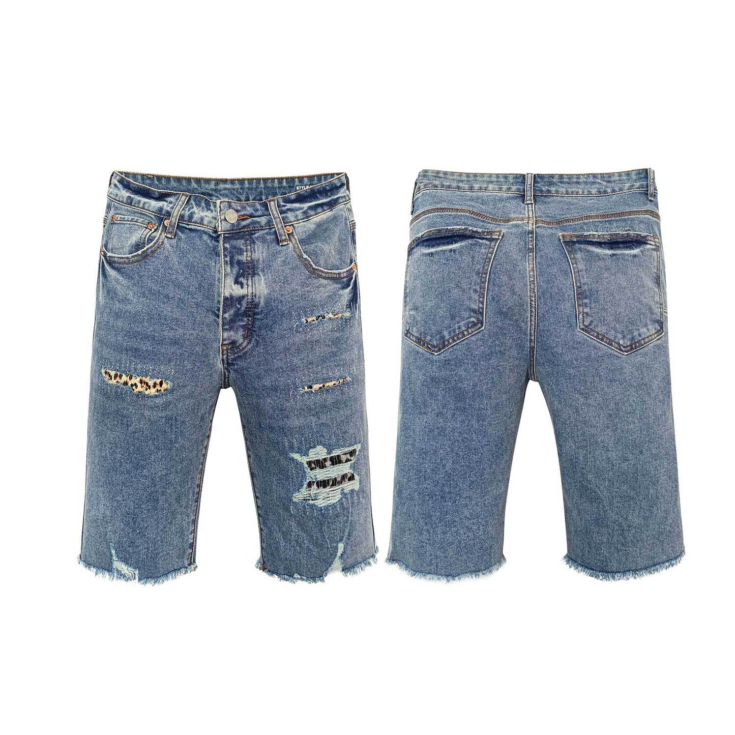 Men's Light Blue Distressed Denim Shorts with Leopard Print Patches Ripped Raw Hem Streetwear