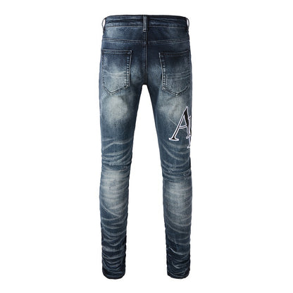 European and American Street Tide Fashion Letter Embroidery Ripped Patch Tide Slim-fit Small Foot Jeans