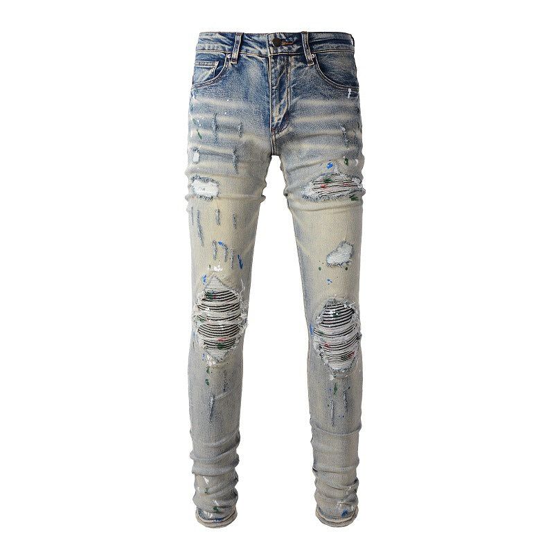 European and American High Street Ink Graffiti Ripped Patch Stretch Slim Jeans #883