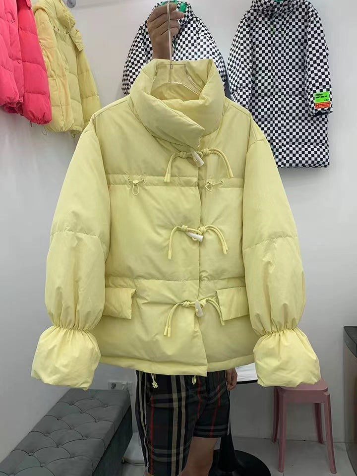 Loose Down Jacket for Women's White Duck Down Cowl Button Collar with Solid Color Insulation