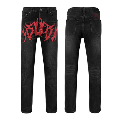 Black Slim Fit Denim Jeans Men Bold Red Flame Graphic Print Distressed Streetwear Pants