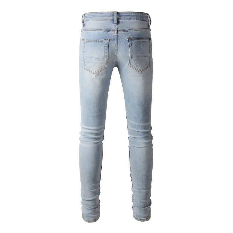 Pantalon décontracté en denim High Street pour le commerce extérieur Jean skinny déchiré bleu en coton micro-élastique pour jeunes 