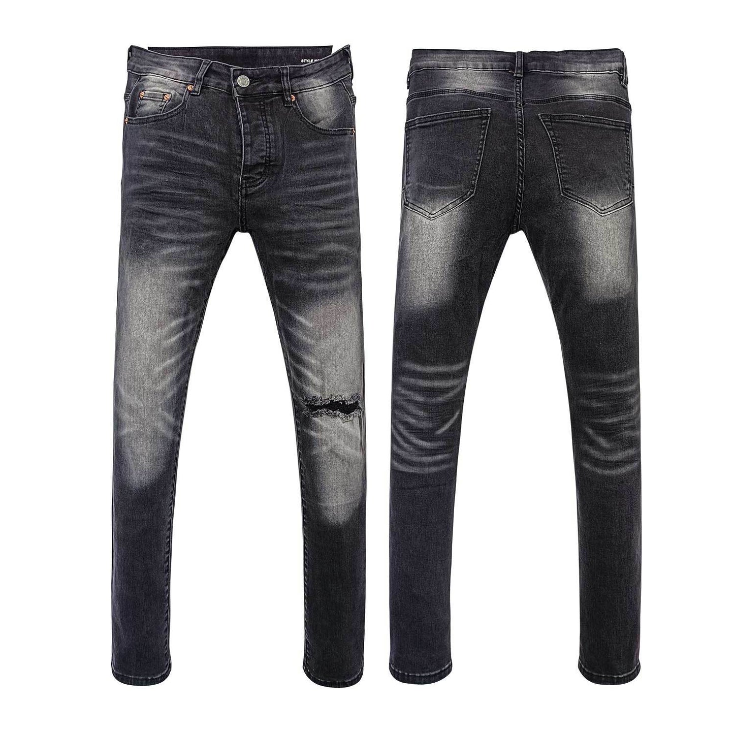 Men's Heavy Washed Charcoal Black Slim Jeans - Distressed Denim with Knee Rips & Bold Whiskers