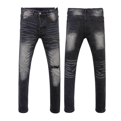Men's Heavy Washed Charcoal Black Slim Jeans - Distressed Denim with Knee Rips & Bold Whiskers