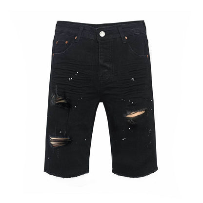 Men's Black Distressed Denim Shorts with White Paint Splatter Ripped Raw Hem Streetwear Jorts