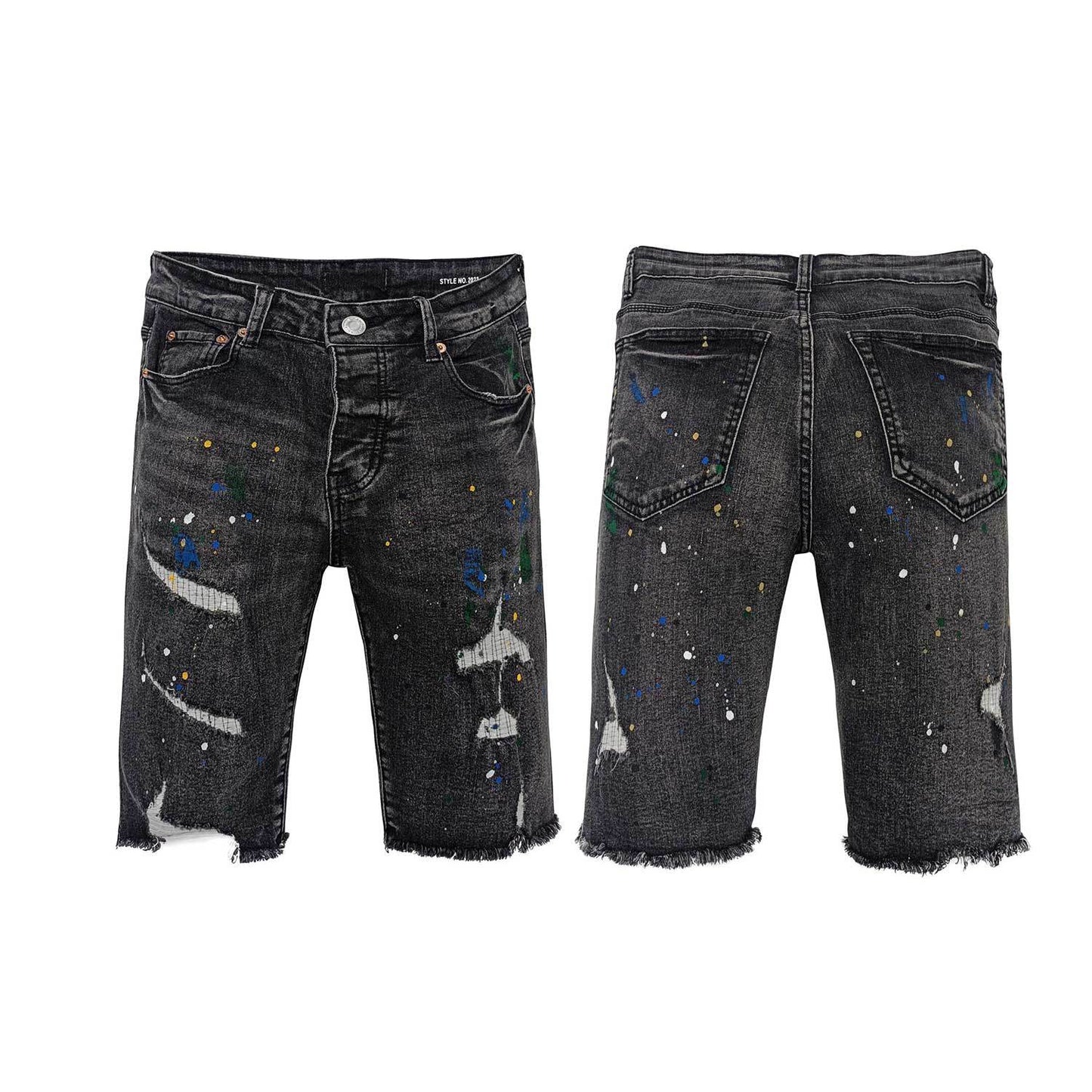 Men's Black Distressed Denim Shorts with Multi-Color Paint Splatter Ripped Raw Hem Streetwear