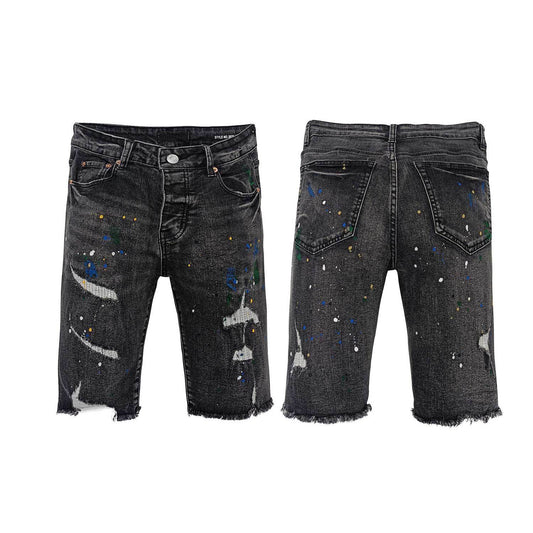 Men's Black Distressed Denim Shorts with Multi-Color Paint Splatter Ripped Raw Hem Streetwear