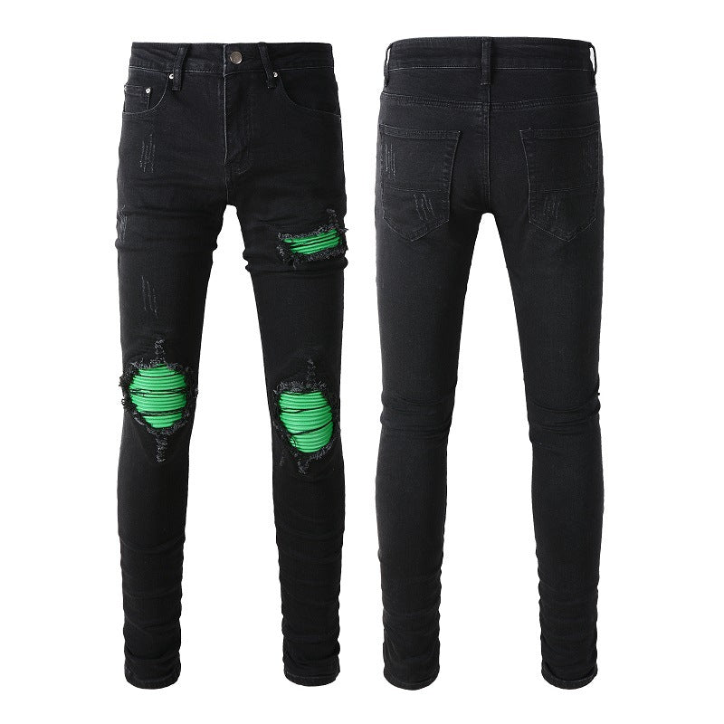 Processus de lavage de rue américain Jeans patch vert Jeans slim extensibles rétro pour hommes 