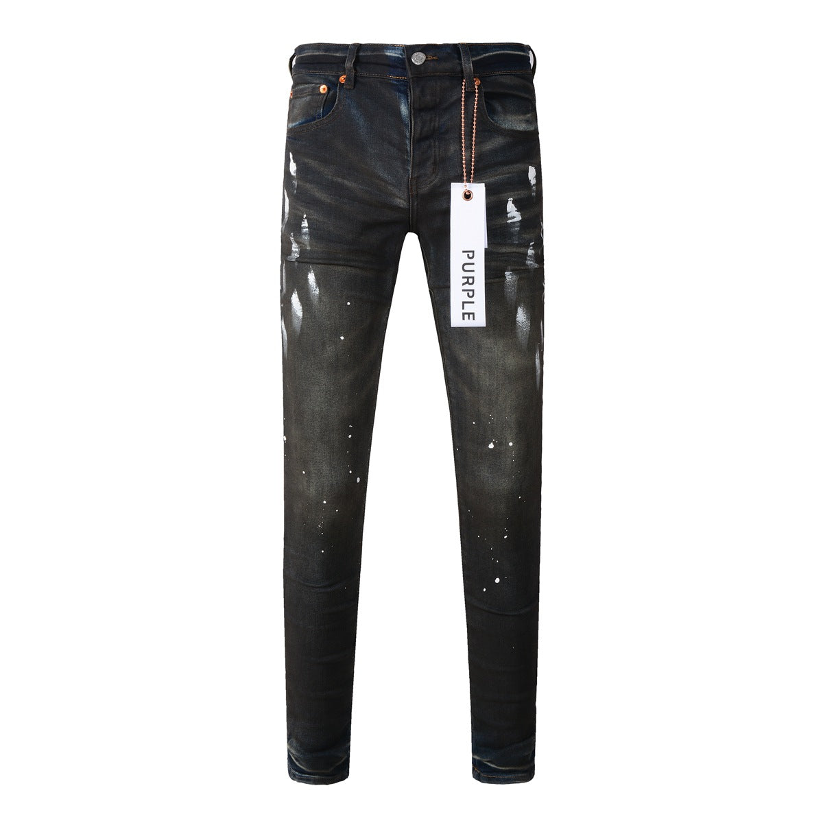 Pantalones vaqueros morados rotos para hombre: elegantes pantalones de mezclilla de calle con pintura negra y corte ajustado 