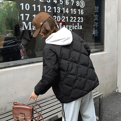 Chaqueta de plumón con cuadros de diamantes sin cuello, ligera y fina, para mujer, cuello redondo, plumón de pato blanco