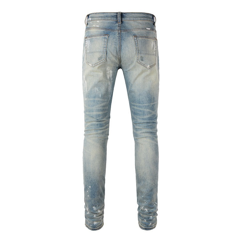 6530 Jeans transfrontaliers Marque tendance Rétro Peinture Déchiré Patch Jeans Homme Coupe Slim 