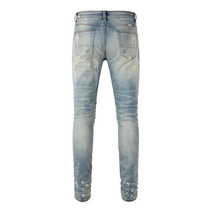 6530 Jeans transfronterizos de marca de moda con parches rotos y pintura retro para hombre, jeans ajustados 